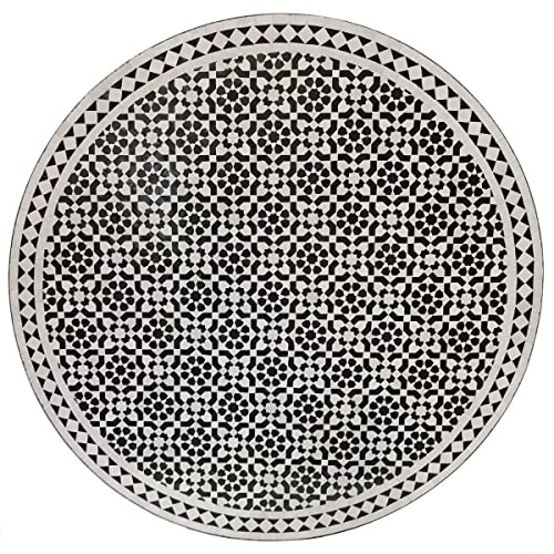 Casa Moro Marokkanischer Mosaiktisch Esstisch rund 120 cm – Mosaik Tisch Schwarz Weiß glasiert – Zellige-Fliesen & Schmiedeeisen