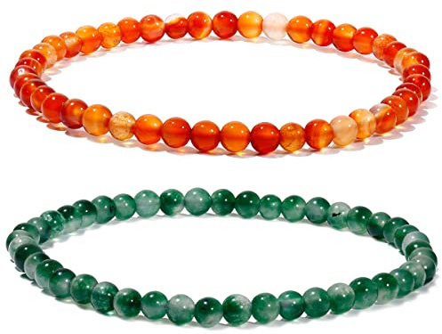 Jewboo2Pcs Genuine Semi Gems Friendship Beaded Bracelets for Women Crystals and Gemstones Stretch Healing Bracelets Beads 4mm (Moss Agate & Orange Agate)
