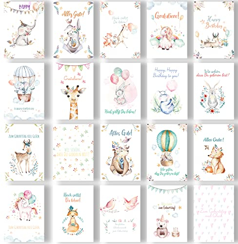 Friendly Fox Geburtstagskarten für Kinder, 20x Glückwunschkarten Kinder Geburtstag Postkarten, Grußkarte zum Geburtstag Kinder