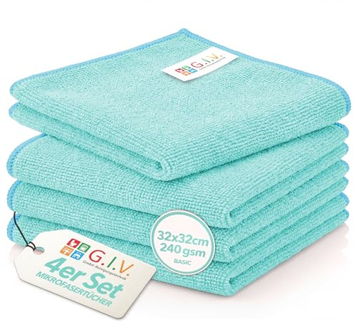 G.I.V. 4X Mikrofaser Reinigungstücher Blau 240 GSM 32x32cm, Putztücher Streifenfrei & Saugstark Microfasertücher Lappen für Haushalt, Gastronomie, Auto, Werkstatt