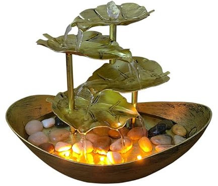 BBTISG Fuente De Agua De Mesa para Interiores con Luces, 4 Niveles Fuente De Escritorio Pequeña para Decoración del Hoja De Loto Pequeña Fuente De Cascada De 10 Pulgadas De Alto (Dorado)