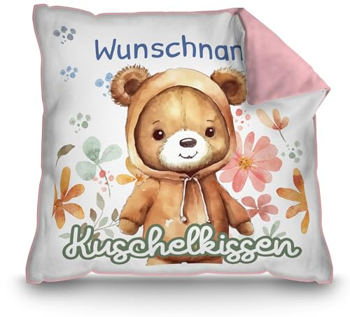 Print Royal PR Personalisiertes Kuschel-Kissen für Kinder mit Füllung - mit Name selbst gestalten - Bär Kissen für Mädchen und Jungs, Kinderkissen mit Name | 40 x 40 cm, Rückseite Rosa
