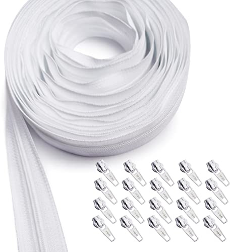 KGS Zipper by The Yard | 4 Yards Continuous Nylon Coil Zipper Roll with 20 Matching Pulls | #3 Bulk Zip Tape for Sewing Bags, Purses, Backpacks, Jackets, DIY Craft and Repair (White)