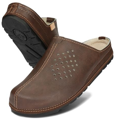 BeComfy Äkta Läder Unisex Tofflor Kvinnor Män Fast Sula 36-46 EU (Mörkbrun, Europeiska skostorlekar, Vuxen, Numeriskt, Medel, 45)