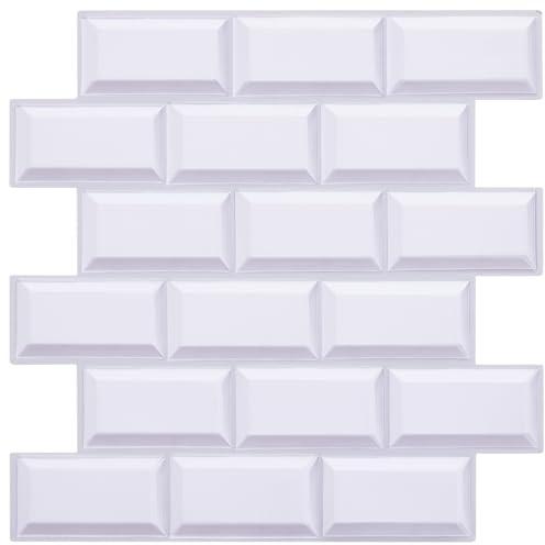 Warmiehomy 3D Self Adhesive Wall Tiles,30x30cm 12Pcs Peel and Stick on Tile Stickers Waterproof Vinyl for Kitchen Backsplash Living Room Bedroom Bathroom(White Brick)