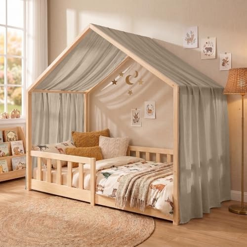 Hook Hausbett Himmel Deko Set, Betthimmel Hausbett aus Musselin - 1 Betthimmel & 1 Wimpelkette, für Jungen Mädchen Deko für Kinderzimmer, Baldachin Kinderzimmer Deko I 135 x 320cm Hellbeige