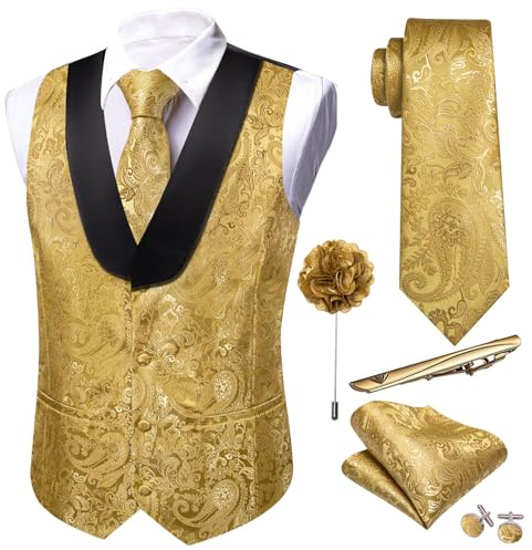 Barry.Wang Conjunto de chaleco de seda de cachemira con cuello en U, chaleco y corbata, 6 piezas, esmoquin para boda, chaleco de traje de vestir S-3XL, dorado, S