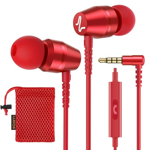 Ludos OMNITONE Wired Earbuds in-Ear Headphones, Earphones with Microphone, 5 Years Warranty, Noise Isolation Corded for 3.5mm Jack Ear Buds for iPhone, iPad, Samsung, Laptop, Gaming, Sports - Red