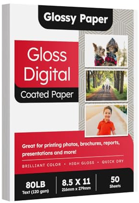 8.5 x 11 Double Sided Glossy Paper for Laser Printers Only (50 Sheets) - 80lb Text / 32lb Bond C2S Gloss Coated - Brochures, Flyers, Photos & Professional Projects - Acid-Free