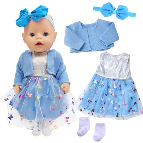 Babypuppenkleidung für 14-18 Zoll Babypuppen, 4 Stück Süßes Puppenkleidung 35-43cm Outfit mit Blauem Mantel + Schleife Gazerock + Schmetterlingsschleife Stirnband + Socken, Neue Puppenkleidung Zubehör