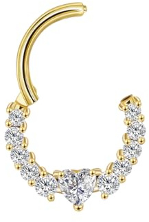 Lantine Septum Piercing Ring mit Herzförmigem Zirkonia, Goldfarben, Edelstahl 316L 16G (1,2 mm) – 8 mm, für Septum, Helix, Knorpel, Rook, Conch, Samtbeutel