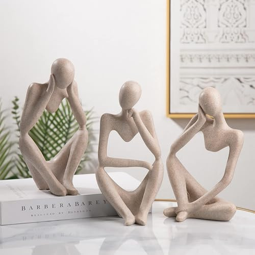 Generisch Moderne Skulptur Deko für Wohnzimmer - Bücherwurm Figur aus Harz | Schwarz Weiß Gold Abstrakte Kunst | Bürodekoration & Regal Deko(A-Sandstein 3er Set)