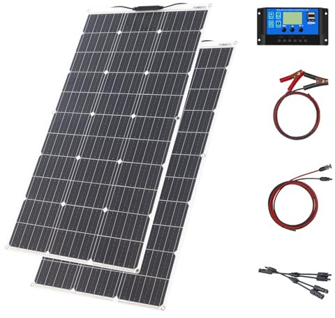 Kit Panel Solar Monocristalino Flexible Módulo Panel Solar 200W 20A 12V/24V Controlador Carga Solar Para Embarcaciones Sistema Aislado la Red Camping, Balcones Sistema Solar Autocaravana
