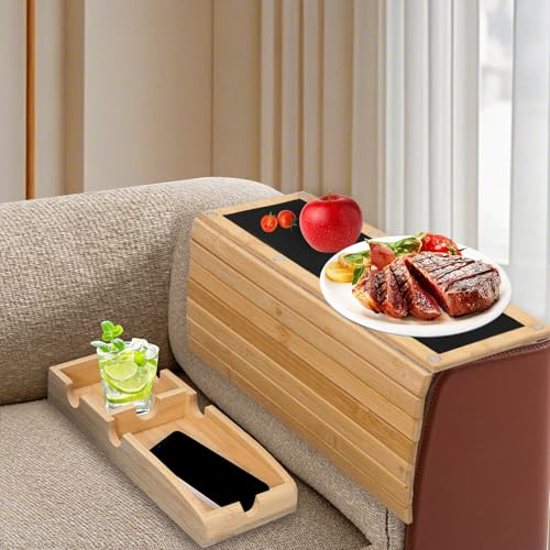 Wooden Sofa Arm Tray Detachable,Foldable Bamboo Armrest Table with Anti-Slip Backing,Couch Protector Tray,Couch Cup Holder,Sofa Organiser for Phone, Snacks,Control,Cups,Square