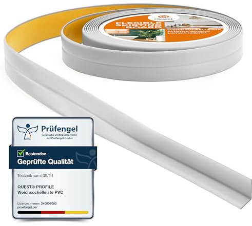 Quest Plinthe Souple Adhésive - 10 mm x 10 mm - 5 mètres - Moulure de finition pour cuisine salle de bain - Ruban d'étanchéité PVC - Flexible Etanche (Or, 5 mètres)