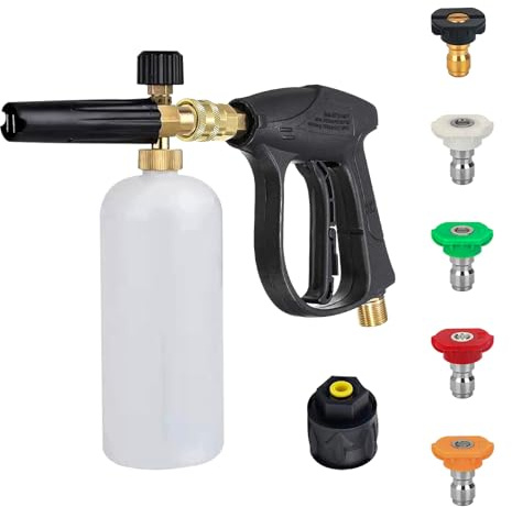 Kurze Hochdruckreiniger Pistole mit 5 Wasserdüsenspitze und M22 14MM Anschluss, 1/4'' Schnellverbindung & Adapter, tragbare Autowaschpistole kompatibel mit Schaumkanone für K2-K7 Autowäsche