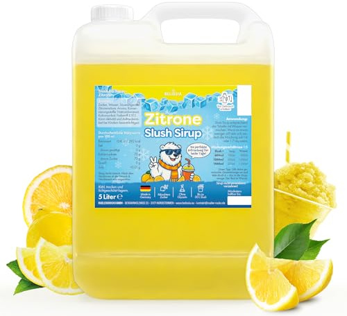 Belissia Slush Eis Sirup 5 Liter Konzentrat | Zitrone Geschmack | sehr ergiebig in knalligen Farben (1:5) für bis zu 30 Liter | Glycerin frei – für Slush-Eis - Maschinen & Wassereis