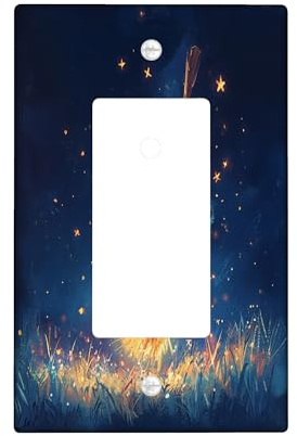 Halloween Witch Magic Broom Decorative Light Switch Cover Plate 1 Gang Single Rocker, Fun Fantasy Witchy Hat Electrical Switchplate, Witchy Scenic Electrical Faceplate for Bedroom Room