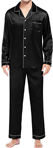 Generisch Pijama Casual Hombre Manga Larga Botón Satén Seda Dos Piezas Ropa de Dormir Traje Pantalones Pijama Pijama