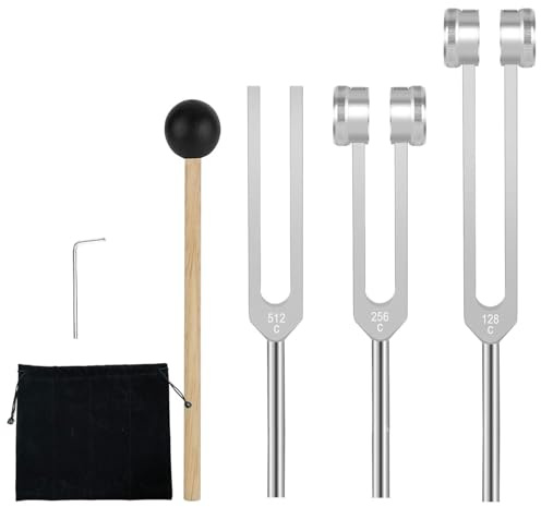 Stimmgabeln für Heilung Set (128Hz, 256Hz, 512Hz), 3-teiliges Silber Stimmgabel Kit mit Reflexhammer, Klangtherapie, Chakra, Yoga & Meditation Werkzeuge, Geschenk für Frauen