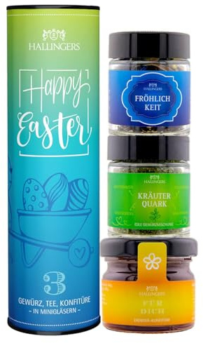 Hallingers Genuss Manufaktur Feinkost Oster-Geschenk-Set - 3 Minigläser in edler Geschenkdose Happy Eeaster veganes Mitbringsel Tee, Konfitüre & Gewürz, Ostern Körbchen für Frauen Männer