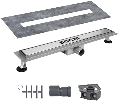 SROCHN Duschrinne 60 cm, Edelstahl Ablaufrinne mit Siphon Geruchsstop und Haarfilter, Befliesbar Bodenablauf