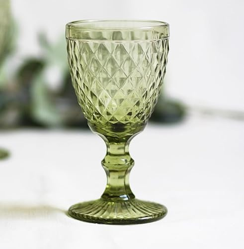 Juego de 6 Copas de Vidrio de Colores con Relieve de Diamante, 300ml, Estilo Vintage para Vino y Agua, Cristalería Gruesa de Lujo (Verde, Azul, Turquesa o Mix) (Verde)
