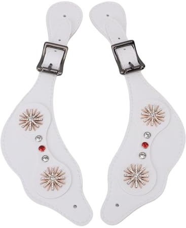 Jiawu Spur Straps, Adjustable Spur Straps with Rhinestone Decoration, Leather with Metal Buckle for Cowboy Boots Riding Equipment Set of 2 (White)