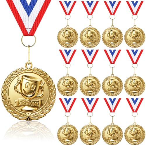 Donrime Awesome Medal, 12-Pack Gold Funny Smiley Medals Sports Day Medals with Ribbon Necklace for Sports Day Prizes, Gymnastics Competitions, Party Gifts, Kids Adults