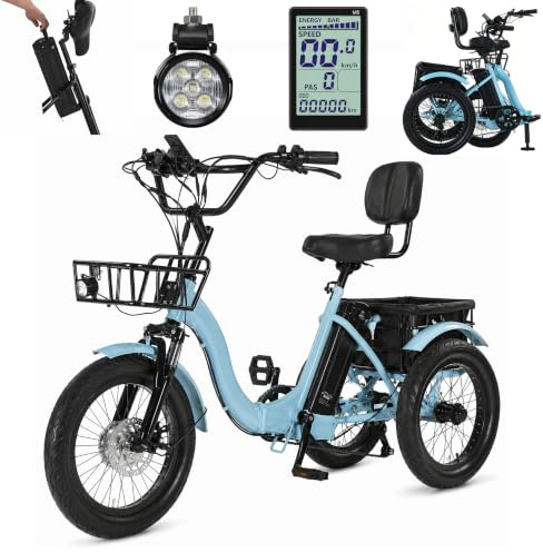 ZRLYbau Electric Tricycle for Adults Foldable 3 Wheel Electric Bike Carbon Steel 7 Speed Trike with Cargo Basket 48V 13Ah Removable Battery 350W Motor 18 Inch Wheels Seniors Blue Yellow Blue