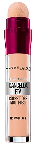 Maybelline New York Correttore Multi-Uso, Idratante e con Coprenza Modulabile, Imperfezioni e Occhiaie Coperte, Con Bacche di Goji e Haloxyl, Cancella Età, Tonalità: 115 Warm Light, 6,8 ml