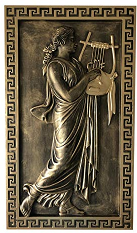 Antikes Wohndesign Griechisches Wandbild Frau mit Harfe Wandrelief Mäandermuster Gold