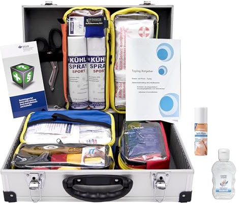 PROFI-SPORT-BETREUERKOFFER inkl. Erste-Hilfe-Aushang, 5 Modultaschen, ausreichendes Verbandmaterial (aktuelle DIN 13157) + Sportausstattung (Kühlspray, Kinesio- und Sporttapes uvm.)