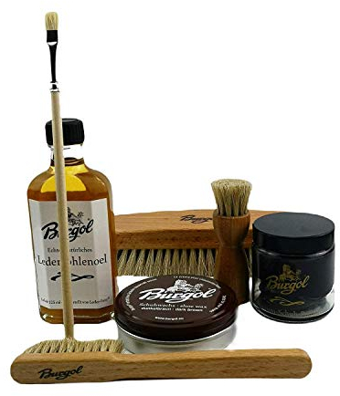Burgol Schuhpflegeset für rahmengenähte Schuhe dunkelbraun mit Burgol- Bürsten- Ledersohlenöl-Pomade-Schuhwachs