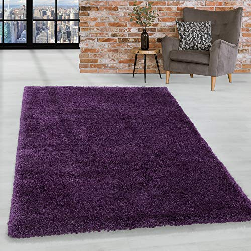 HomebyHome Shaggy Hochflor Teppich Lila 160x230 cm Extra Weich & Waschbar Jute Rückseite für Fußbodenheizung, Einfarbig & Flauschig für Wohnzimmer & Schlafzimmer