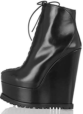 FOWT Women Super High Block Heel Platform Wedges Ankle Boots Soft Black Leather Lace Up Short Booties Round Toe Strange Heel Shoes for Date Party Outdoor 13 US Size