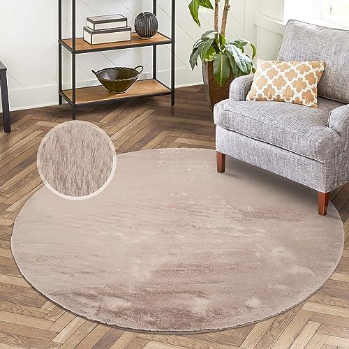 carpet city Hochflor Teppich Wohnzimmer - Einfarbig Taupe - 120x120 cm Rund - Super Soft Polyester, Samtig-Flauschiger Flor - Fell-Teppiche für Schlafzimmer, Esszimmer, Arbeitszimmer