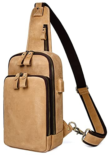 Brusttasche Herren Sling Bag Schultertasche, Männer Sling Brust Tasche Anti Diebstahl Crossbody Bag Vintage Echtes Leder Schulter Rucksack Outdoor Radfahren Wandern Travel Daypack Multifunktions Schul