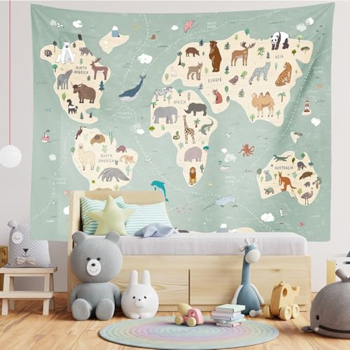 Loccor Wandteppich mit Tiermotiven, Weltkarte, handbemalt, grau-grün, Cartoon-Motiv, Wandbehang, KinderSchule, Klassenzimmer, Poster, Hintergrund für Schlafzimmer, Wohnzimmer, Schlafsaal, 1.5x1m
