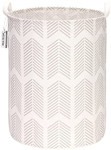 Sea Team 19.7 pulgadas de gran tamaño con revestimiento impermeable de tela de algodón de ramio plegable cesto de ropa sucia de almacenamiento con elegante diseño de espina de pescado gris