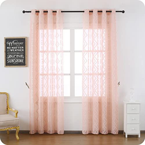 Dalina Textil - Cortina Salón Dormitorio Translúcido Rombo de Felpa - Visillo para Ventana Cocina Comedor de 2 Unidades 140x260cm Rosa Salmón