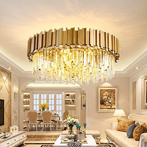 YZBEIMDAI Modern Kristal Goldener Kronleuchter, 9*E14 Kristall Pendelleuchte, Runder Wohnzimmer, Deckenleuchte Gold, E14-YZ, 60 * 60cm Gold