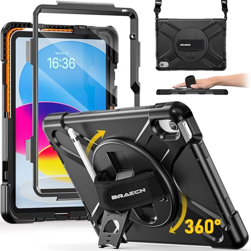 BRAECN Case for iPad A16 11th/10th Generation 11/10.9 inch 2025/2022, Black | Heavy Duty, Shockproof Protective, Screen Protector,360 Rotating Stand Handle & Shoulder Strap, Pencil Holder Full Body Cover