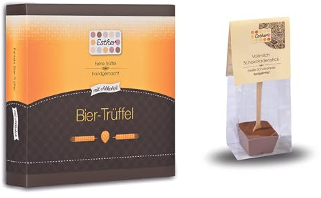 Esther Bier Trüffel 9er Präsentpackung mit Alkohol 110g und gratis Esther Vollmilchschokoladenstick | Geschenkidee für Geburtstag, Vatertag, Muttertag | passendes Präsent für Opa, Papa, Freunde