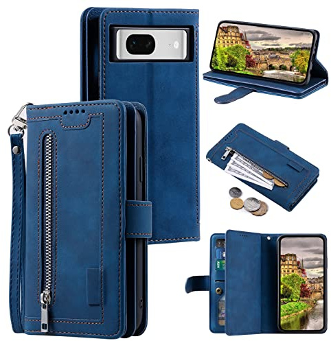EYZUTAK Handyhülle für Google Pixel 7 Pro Hülle,Flip Case Lederhülle Reißverschluss Magnetverschluss Brieftasche mit 9 Kartenfächern Standfuntion Retro Matt Ledertasche für Google 7 Pro-Blau