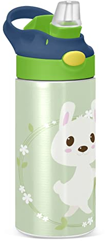 KAAVIYO Rabbit Cute Bunny Water Bottle Stainless Steel Insulated Vacuum Flask Leak Proof with Straw Brush Cup 350ML for Boys Girls Kids