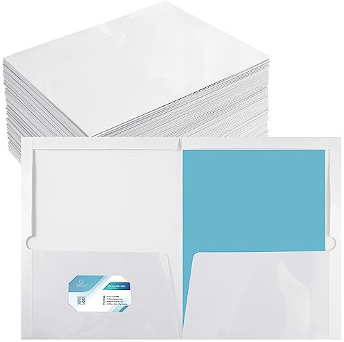 Yeaqee 100 Stück Ordner mit 2 Taschen, glänzend laminiertes weißes Papier, Ordner, weiß, Präsentationsmappe, zwei Taschen, Aktenordner, Briefgröße, Ordner für Schule, Lehrer, Bürobedarf (weiß)