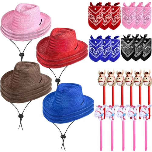 Toulite 36 Pcs Western Cowboy Party Costume Set Cowboy Hats Paisley Bandanas Inflatable Stick Horses for Western Party Favors(Mix Color)