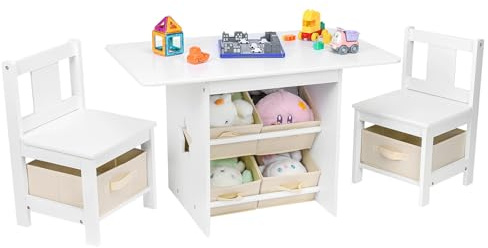 Vilaxing Set med bord och stol (2 stolar ingår), trä småbarn bord och stolar set med 6 förvaringsfack, barnmöbler, vattentåliga, lätta att rengöra, present till pojke och flicka, vit