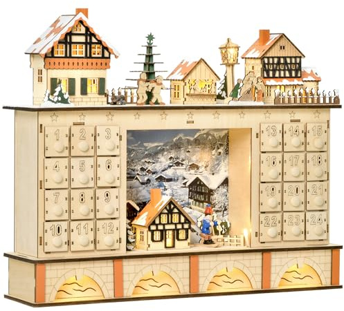 HOMCOM Calendario de Adviento para Llenar Calendario de Adviento de Madera con Luces y 24 Cajones de Cuenta Regresiva Juguetes para Niños y Adultos 44x10x37 cm Natural